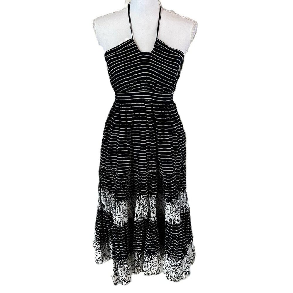 Boho Vintage Halter Midi Dress-Black / White Stripes & Abstract Floral Border